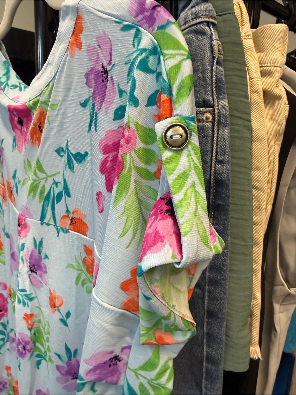 Dear Scarlett Light Blue Floral Notch-Neck Blouse - Casual Women's Top - Picture 3 of 3